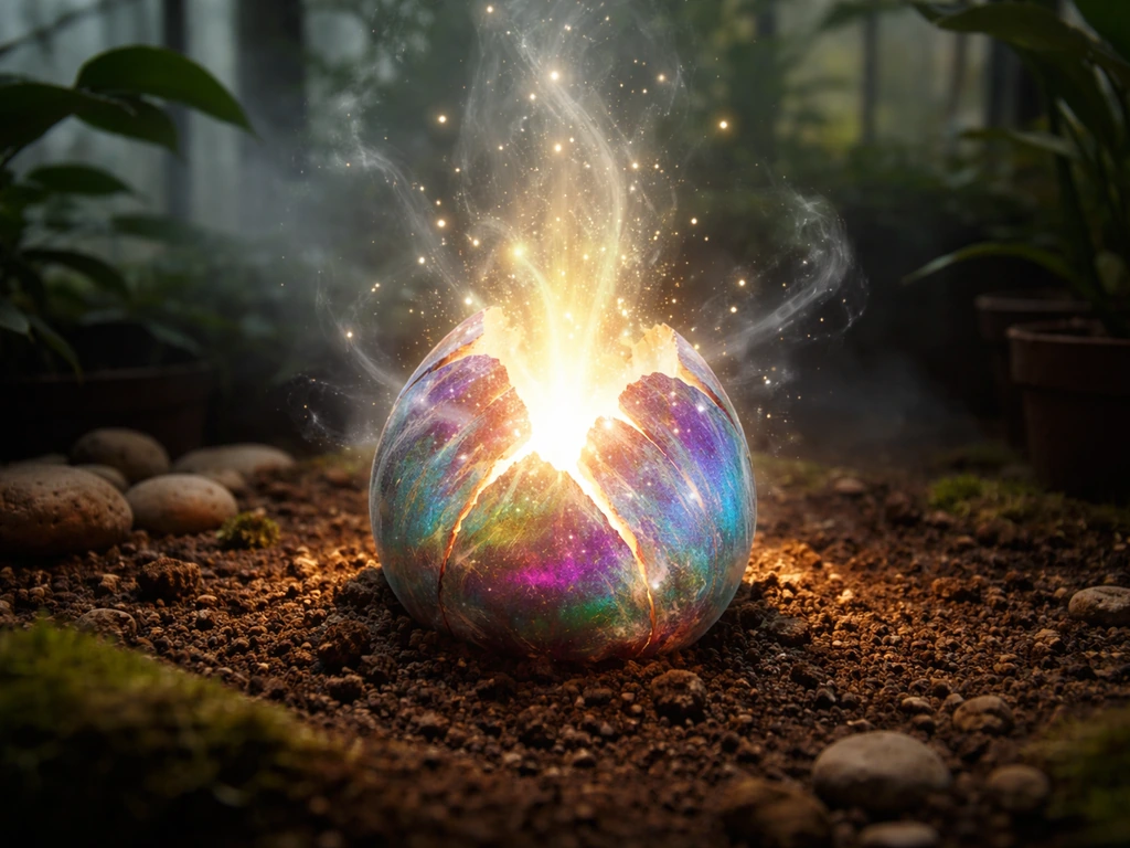 Mythical egg cracking open in a dark greenhouse, magical hatch glow spilling out to suggest rare value.