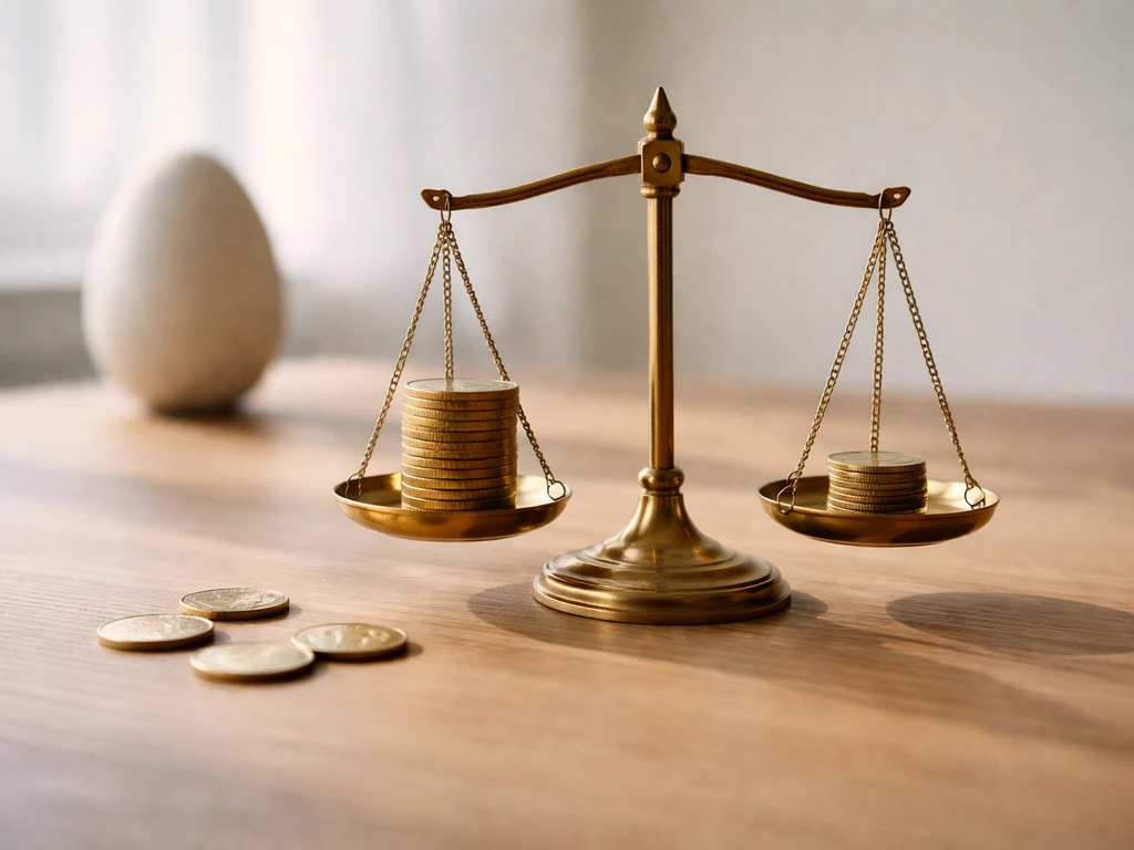 Minimal desk scene showing a balance scale and scattered coins suggesting whether an egg is worth the cost.