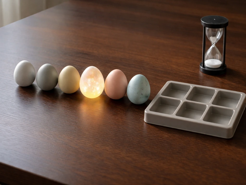 Minimal tabletop with a glowing mythical egg collectible and plain eggs, plus a blank token tray and hourglass.