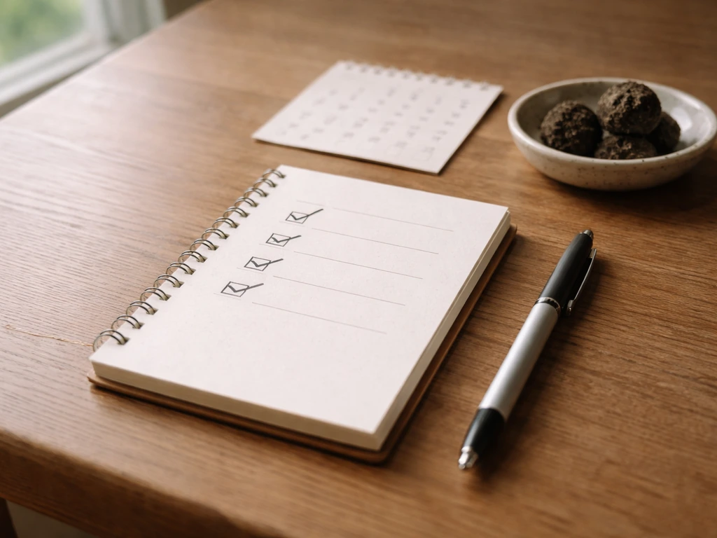 Minimal tabletop scene with a notepad of checkmarks showing a buying checklist