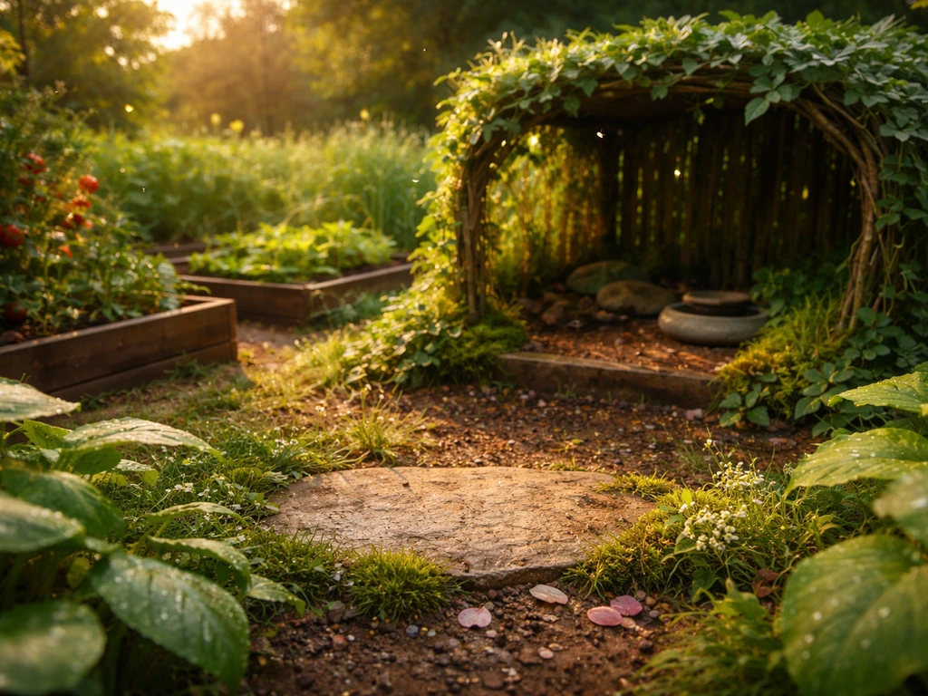 Lush fantasy garden with a wooden vine habitat and an empty perch spot where a dragonfly pet is missing.