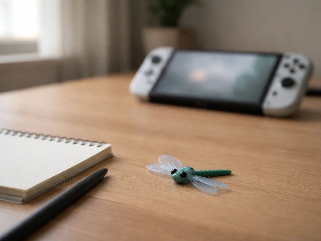 Close-up of a small dragonfly toy beside a gaming device on a wooden table, hinting at a glitch.