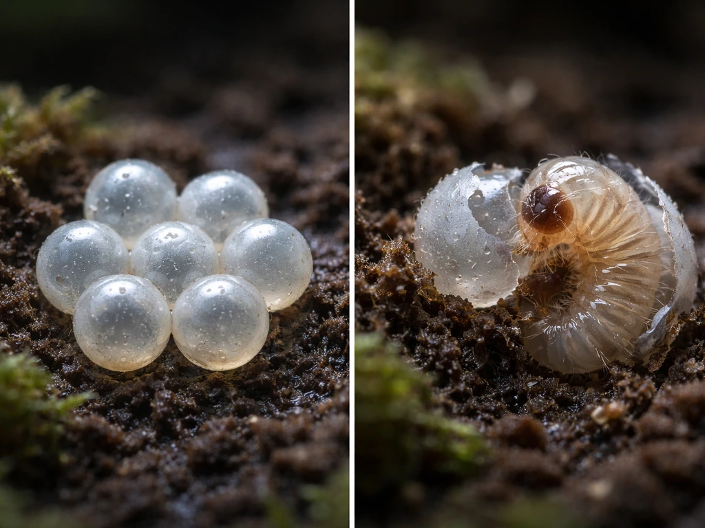 Close-up split-view of an intact bug egg beside a hatched larva emerging, showing “growing” as hatching.