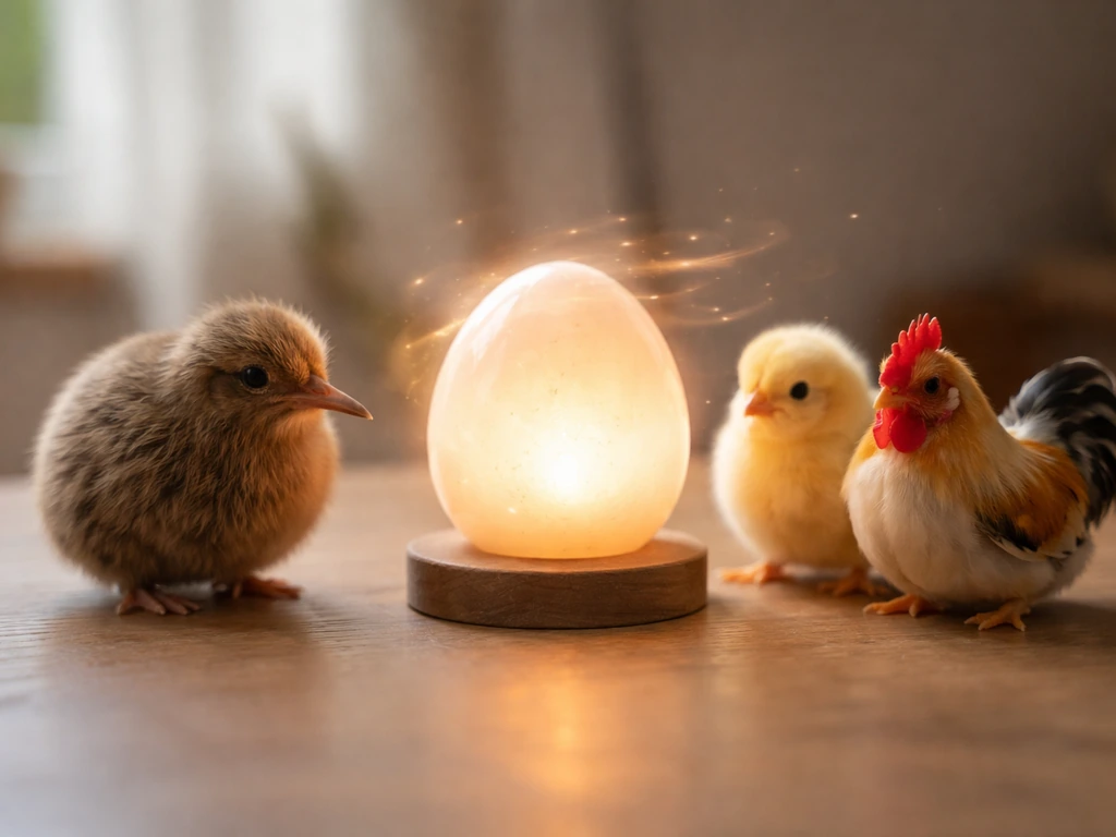 Hand holding a Kiwi pet beside a glowing incubating bug egg on a simple desk, faster hatch implied.
