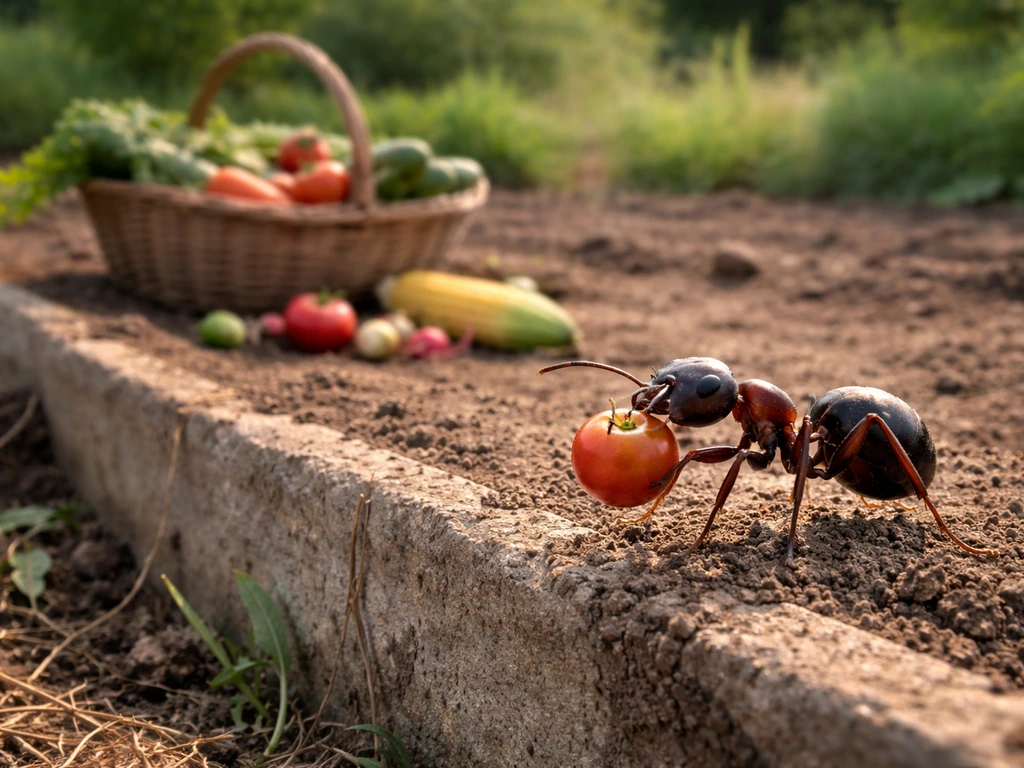 Giant ant on harvested crops beside scattered produce, suggesting extra harvest output on a small farm bed.