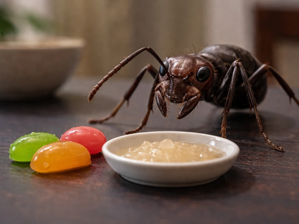 Giant ant near a simple feeding setup with candy-like plant food items on a dark tabletop.