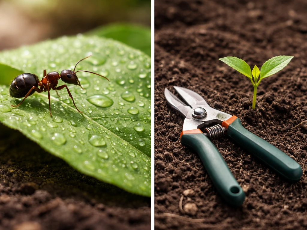 Split-screen style photo showing an ant beside a small hand tool and a leaf, symbolizing harvest utility.