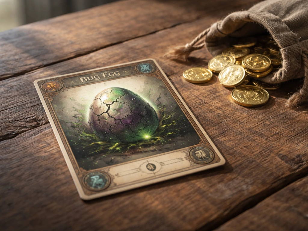 Close-up of a glossy fantasy egg item card on a wooden desk beside a small pouch of coins