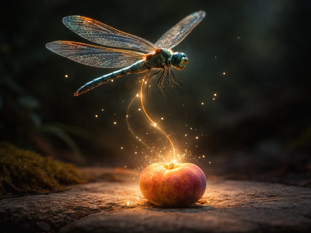 Close-up of a dragonfly-like bug pet hovering over a glowing gold fruit, surrounded by soft magical particles