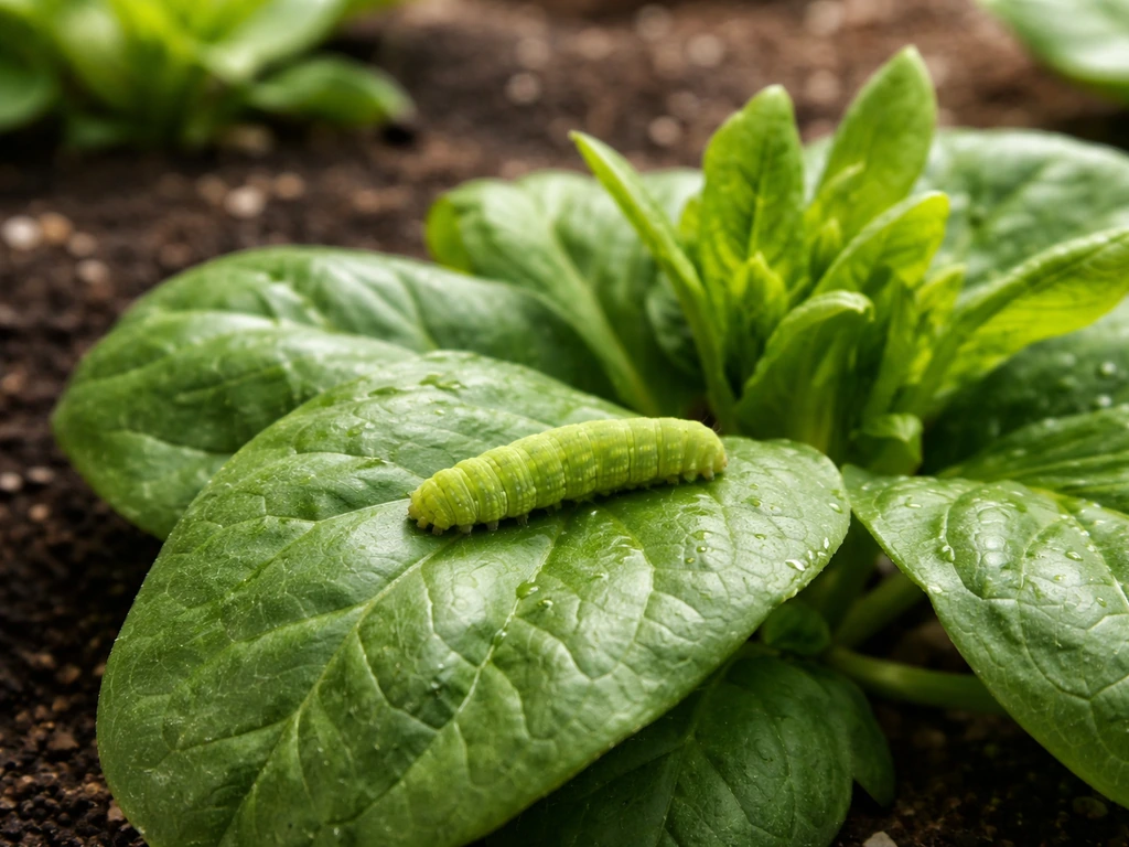 Close-up of a green caterpillar on a leafy plant with fresh new leaf growth in soft natural light.