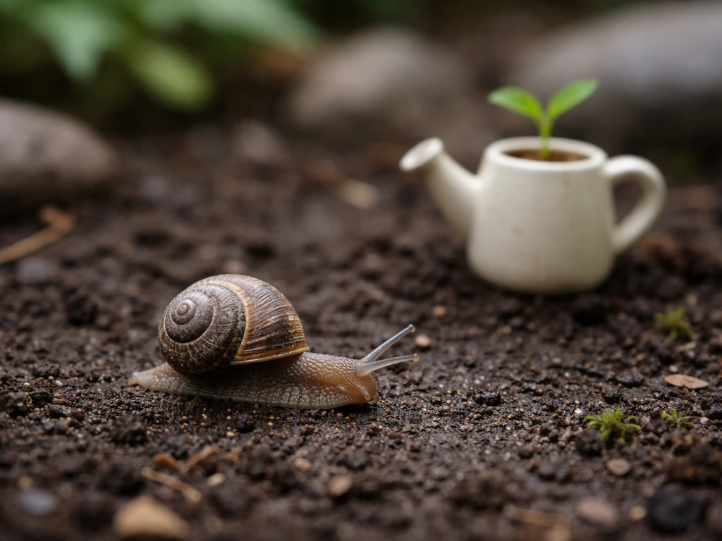 A small garden snail on damp soil beside a modest, slow-growth vibe object in soft natural light