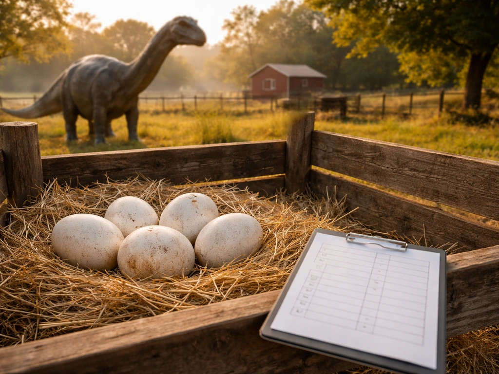 Close view of a cracked dinosaur egg beside a Brontosaurus, with a blank before/after recording sheet nearby.