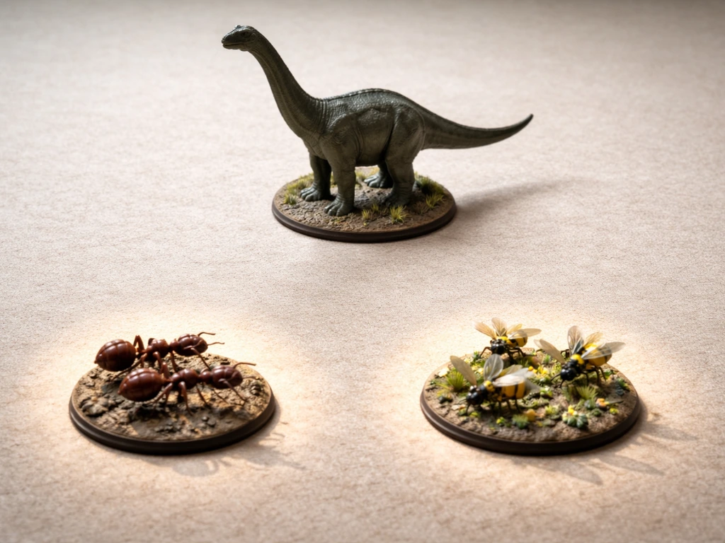 Single Brontosaurus figurine on felt with highlighted ant and bee figurines as an alternative passive lineup.