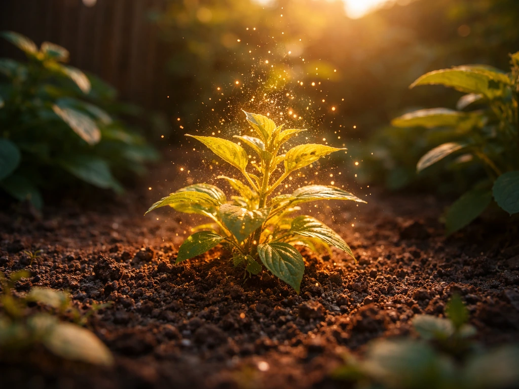 Garden bed with a single plant glowing gold as if transformed, sunlight and soft focus, minimal scene.