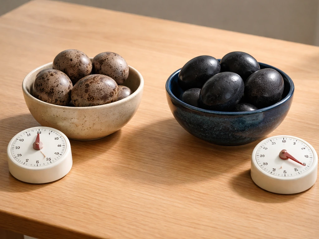 Two egg bowls and two kitchen timers on a wooden table, showing different hatch timings for each egg type.