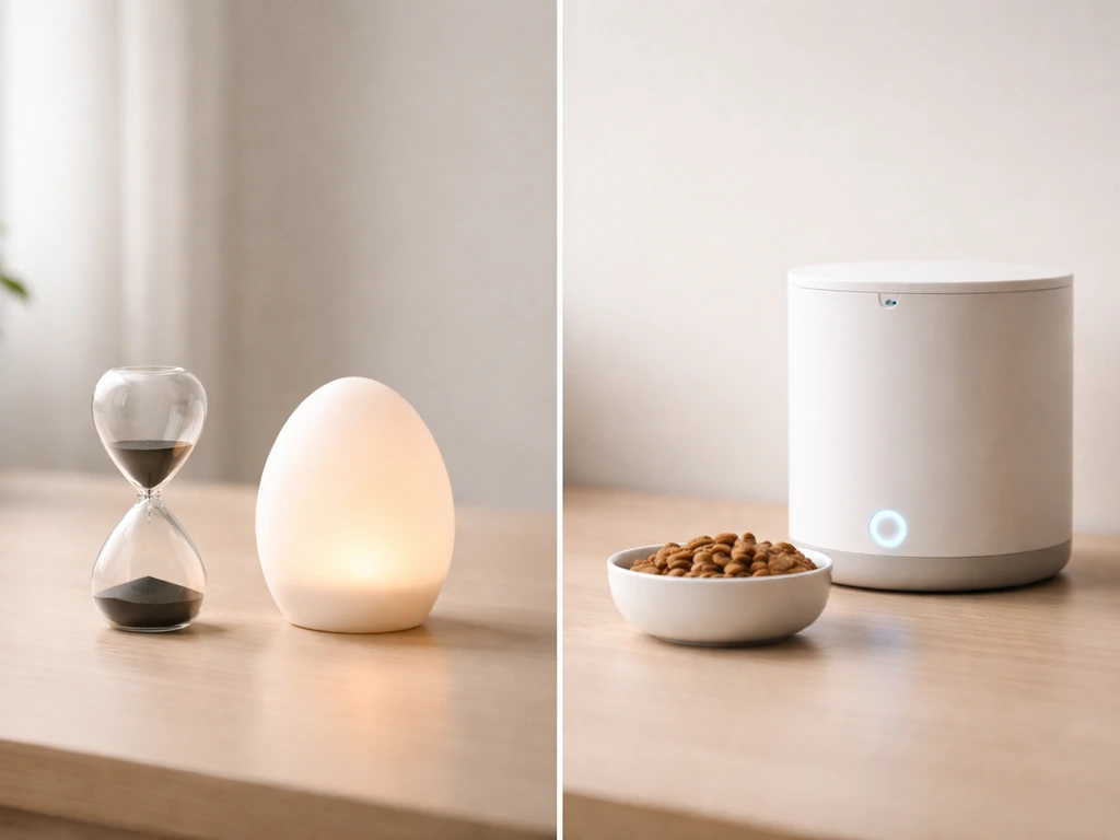 Hourglass and egg on one side, small automatic device on the other, symbolizing waiting vs ongoing cost.