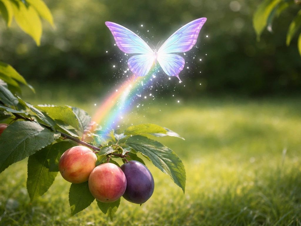 In-game garden with an ethereal rainbow-fluttering butterfly hovering over ripe fruit, sunlight and soft magic glow.