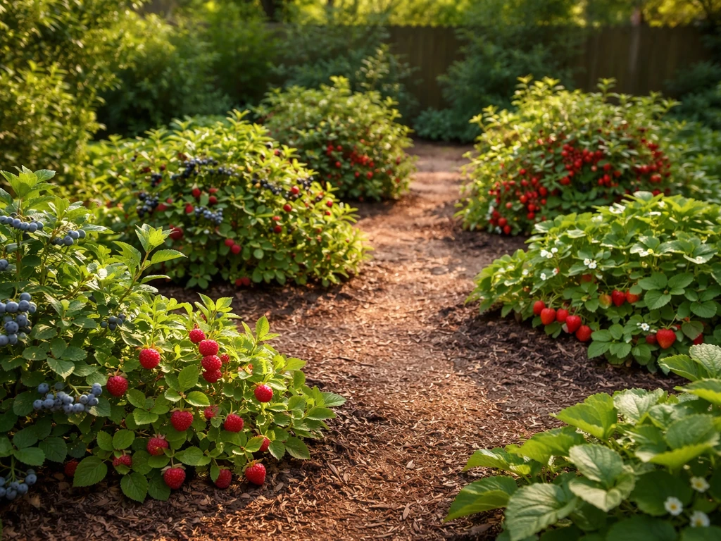 Minimal backyard garden with grouped fruit plants and spaced stems under daylight for a dragonfly-friendly layout.