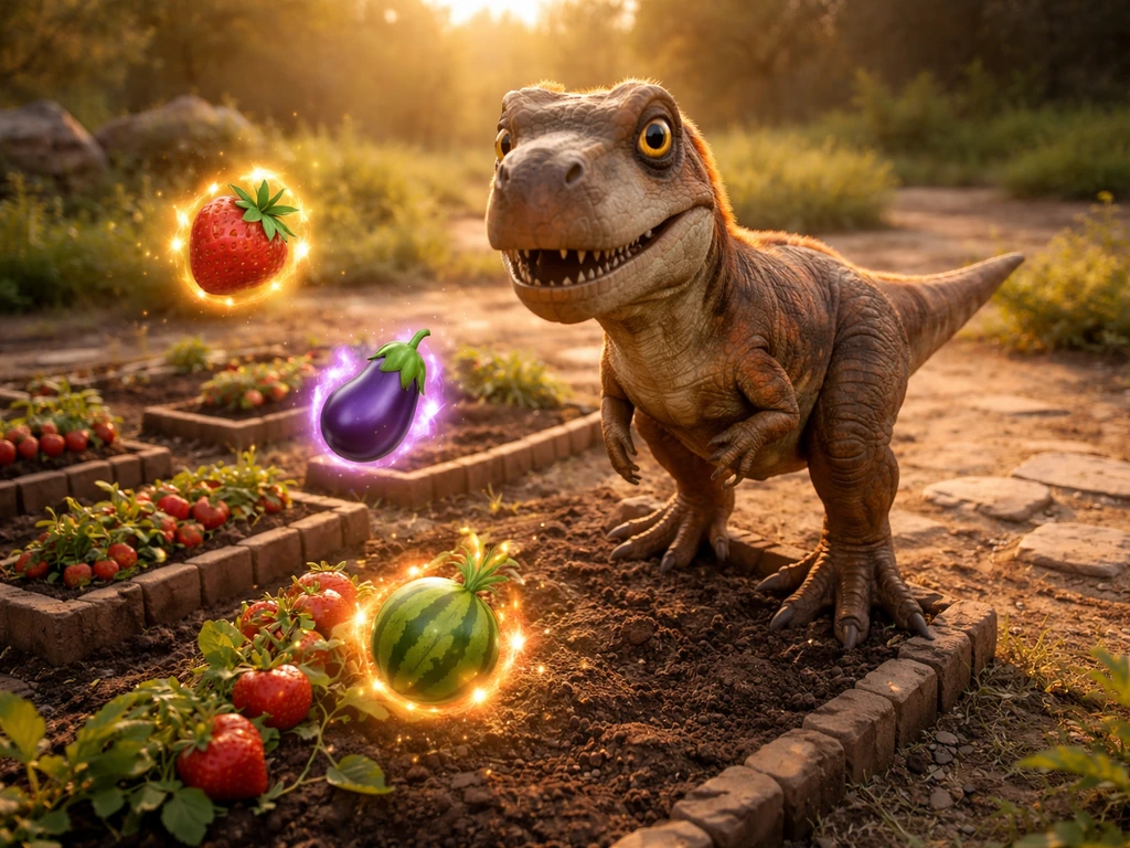A game-like T-Rex near a prehistoric farm plot with glowing fruit mutation icons overhead.