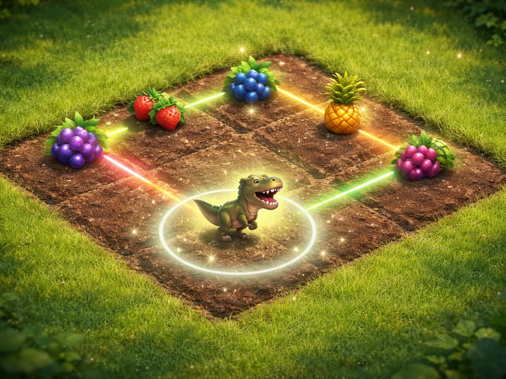 In-game Grow a Garden plot showing a T-Rex pet effect cycling every ~20 minutes across fruit tiles