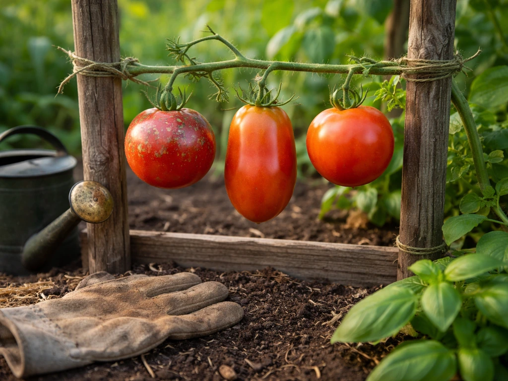 Minimal farm garden scene showing three fruits with visibly different mutation states after passive distribution.