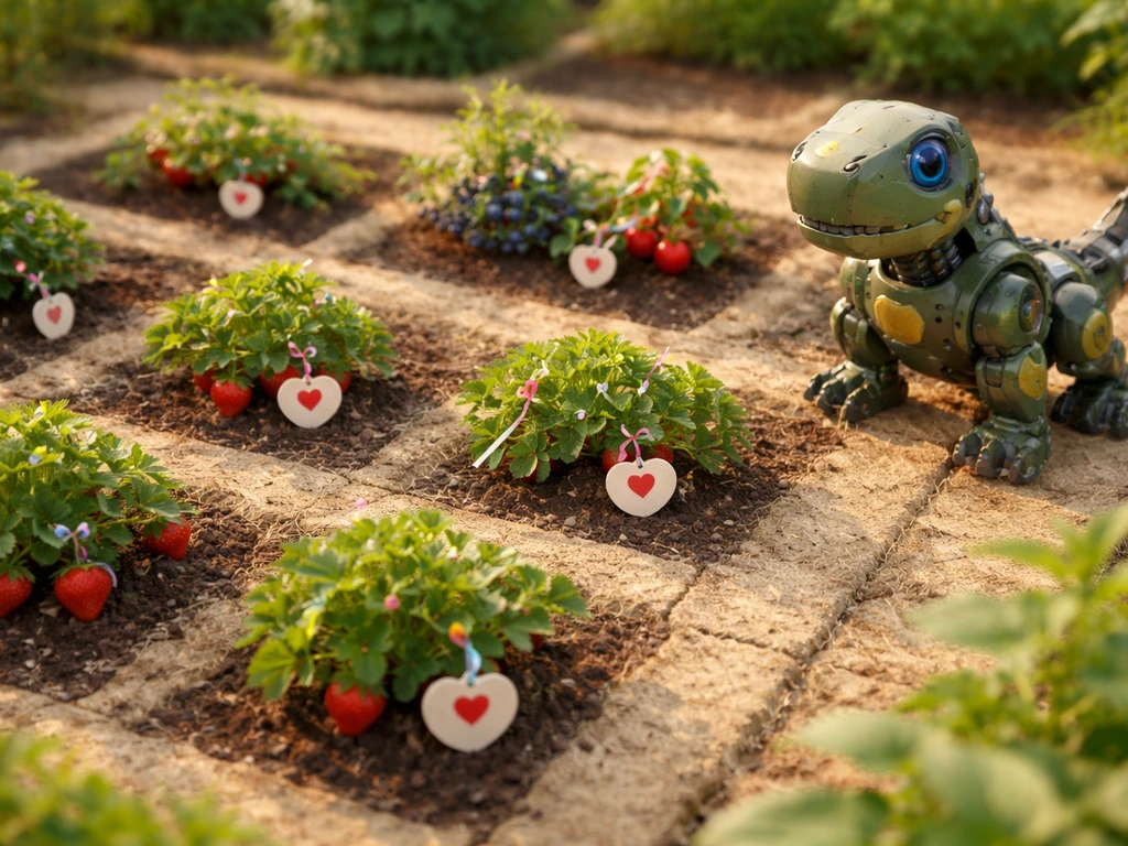 Minimal garden grid with one non-favorited fruit, a few favorited rare fruits, and a small active T-Rex on the farm.