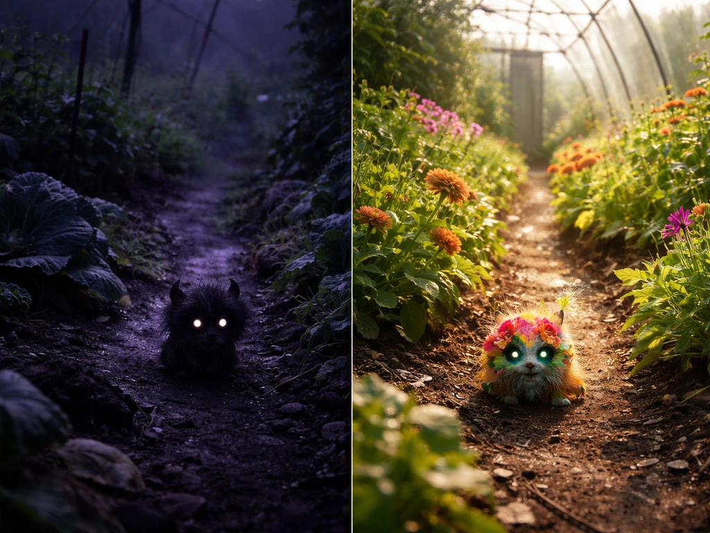 Minimal split garden scene with a dark “Nightmare” pet vibe on one side and bright “Rainbow” pet vibe on the other