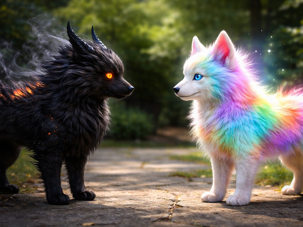 A dark, fiendish pet and a bright rainbow-glowing pet facing each other on a simple garden path.