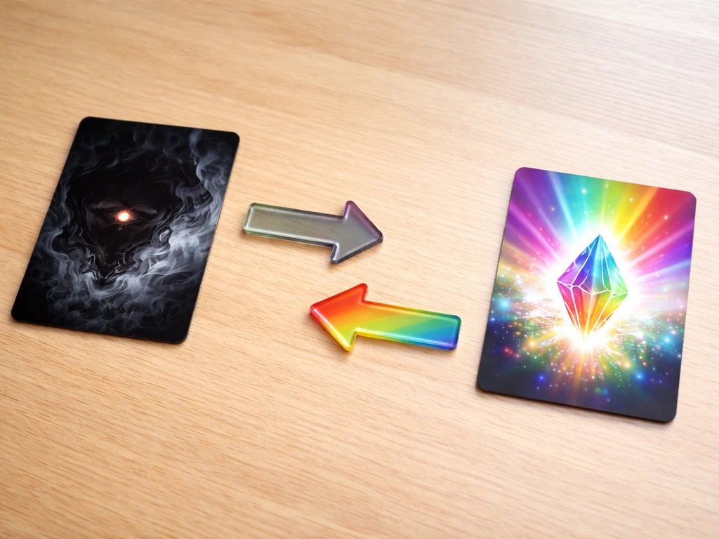Minimal tabletop photo showing two themed mutation cards with physical arrows implying replacement vs retention.