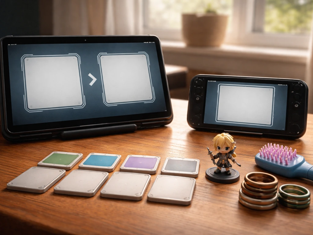 Gaming desk setup with blank screen panels and props suggesting a step-by-step farm and pet upgrade order.