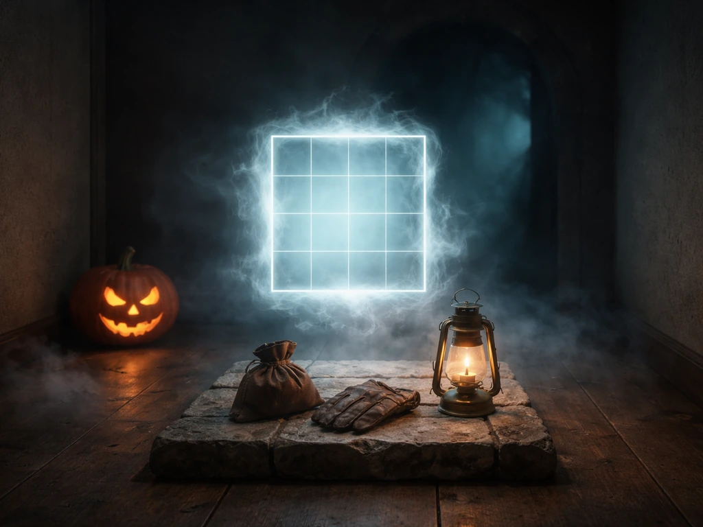 Minimal Halloween room scene with mist and a glowing portal over a stone platform, ready for Headless Horseman haunting.