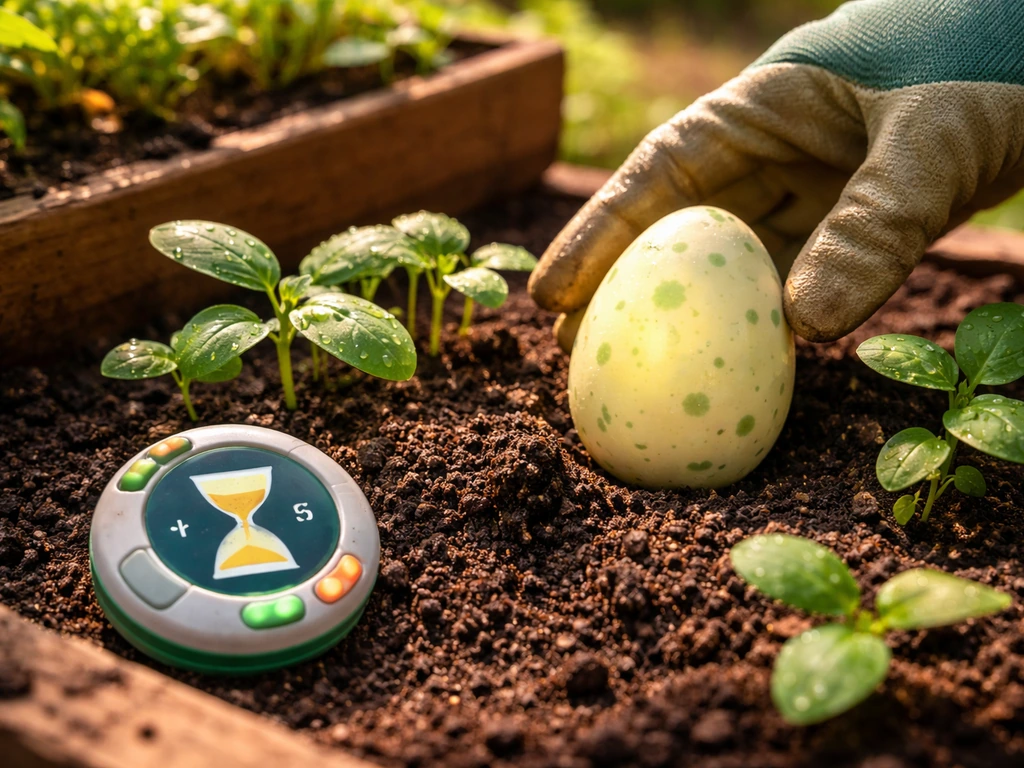 Bug egg placed in a garden bed with an incubation timer nearby