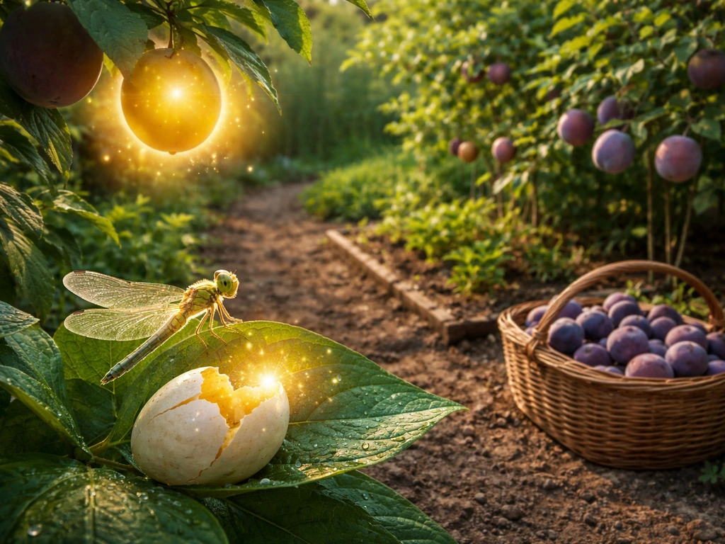 Dragonfly hatch moment with gold-fruit glow on nearby fruit