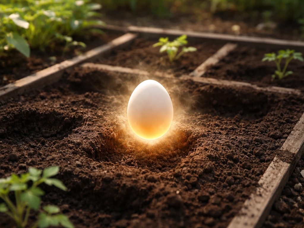 A glowing egg being placed into an empty garden slot, with warm incubating light in a simple game plot.