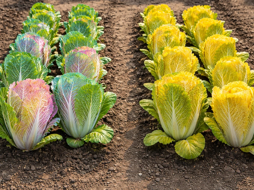 Side-by-side farm rows showing vibrant rainbow crops versus warm golden crops.