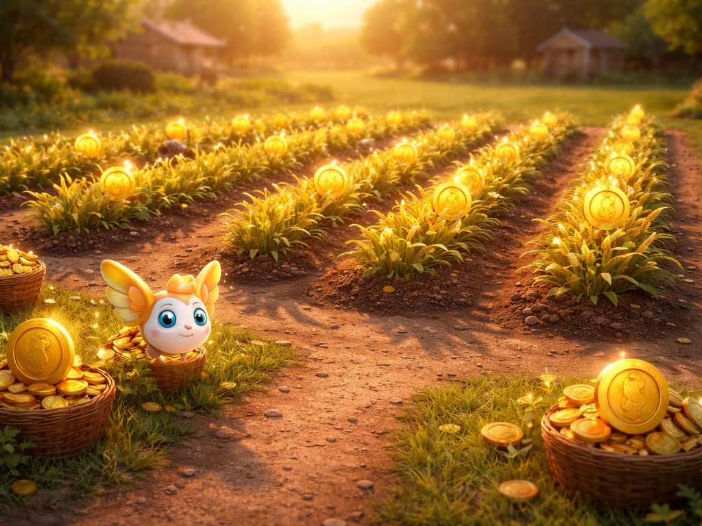 Minimal in-game farm scene showing a neat Gold-focused crop layout with a small helper pet nearby.