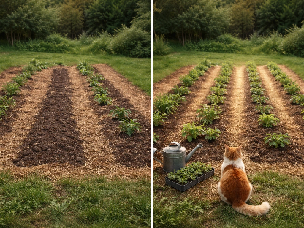 Split before/after garden setup showing crop rows and a pet/tool placement for efficient Gold or Rainbow farming