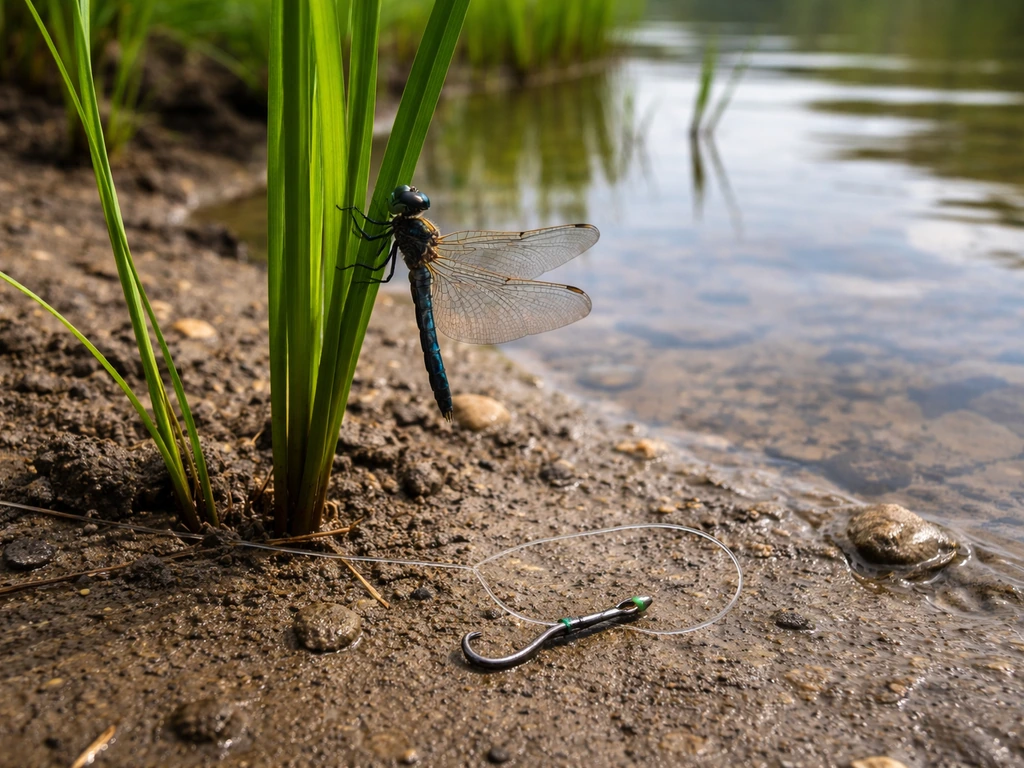 Dragonfly on a pond reed near a fishing hook and line on wet mud, suggesting bug-related disappearance.
