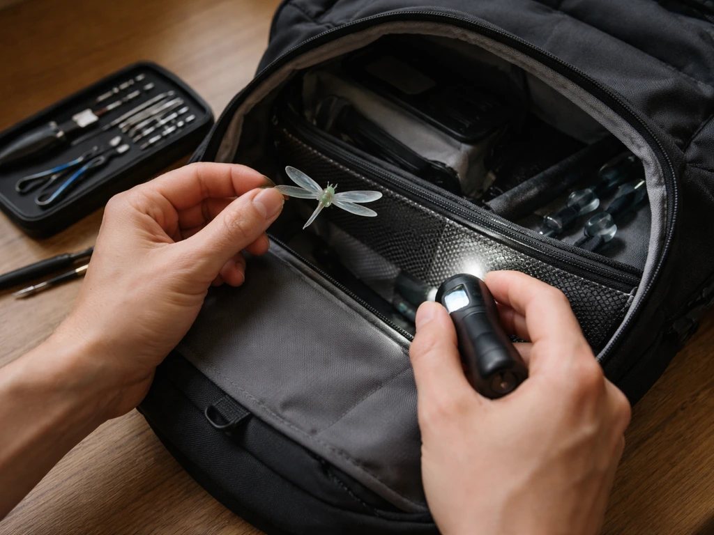 Hands with an open bag and tools, inspecting a small dragonfly accessory piece to fix a missing/broken one.