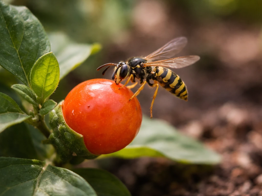 Wasp hovering by a ripe fruit on a garden plant, captured during pollination contact.