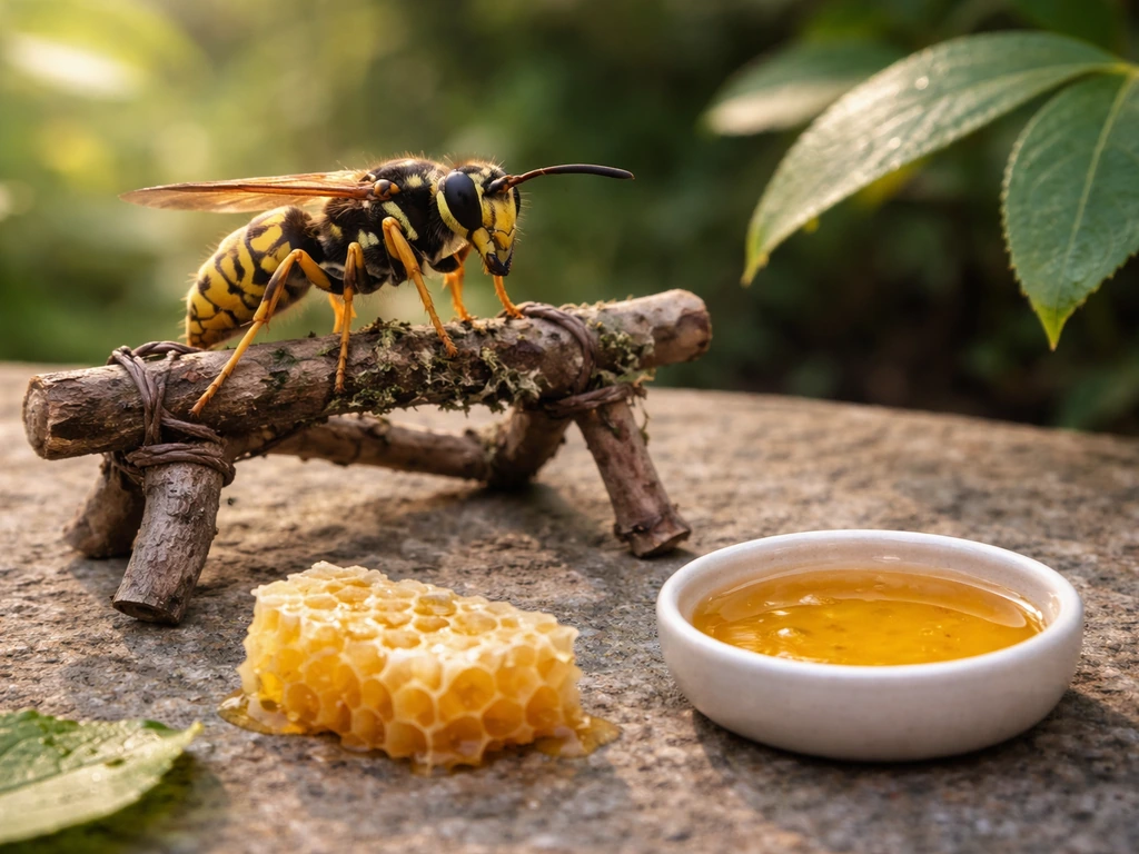 A wasp-like pet on a garden perch with honey and a small feeding setup nearby, showing upkeep needs.