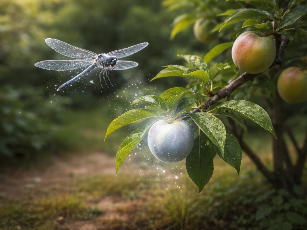 Silver dragonfly hovering over a fruit garden, casting a cool silver glow on a single fruit.