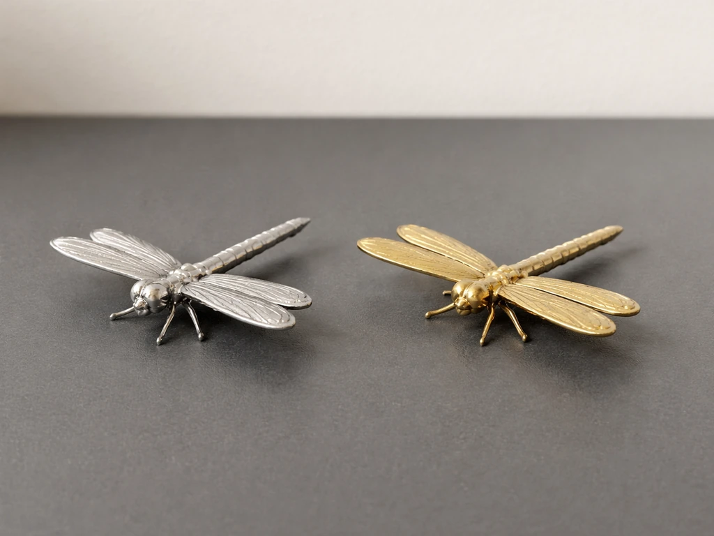 Minimal side-by-side photo showing two simple metallic dragonfly figurines over a neutral background, implying compariso