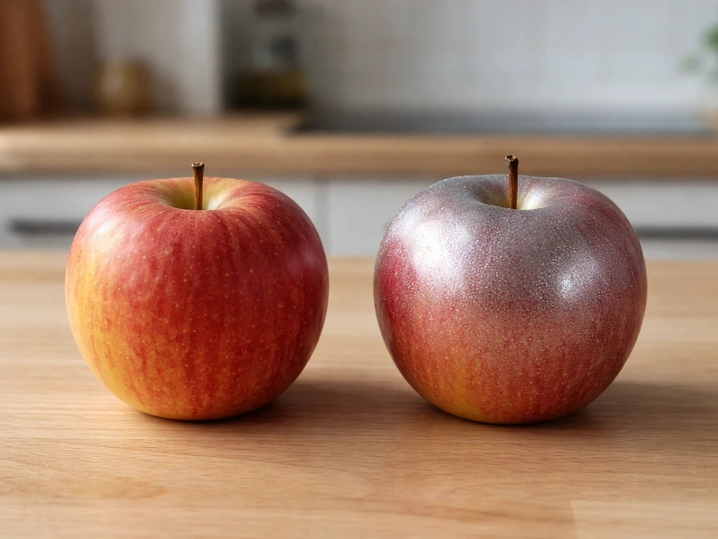 Closeup of two similar fruits on a kitchen counter, one with a subtle silvery sheen before/after effect