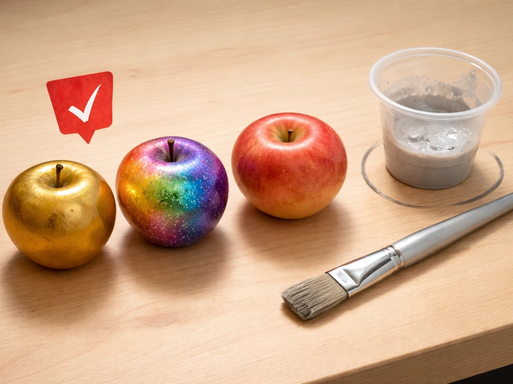Wooden table with gold and rainbow fruits beside a silver paint brush and warning markers.