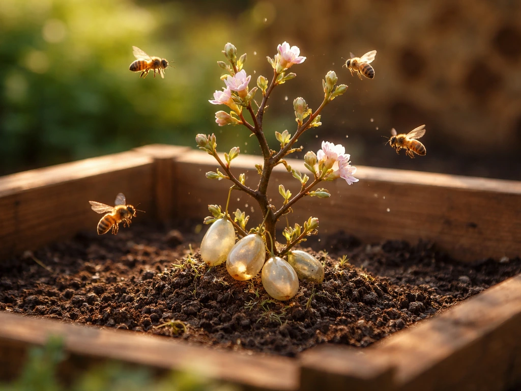 Fantasy garden-hive sapling with tiny egg-like fruits and honeybees hovering, suggesting a step-by-step fruit-bug growth