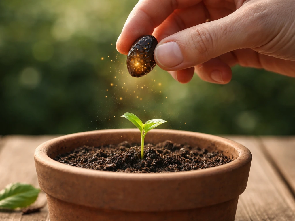 Hand holding a small glowing hive fruit seed beside a young tree sprout in a garden pot