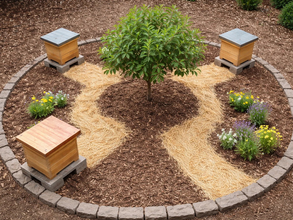 Overhead view of a small garden plot with arranged bee-hive stations directing pollination toward a central tree.