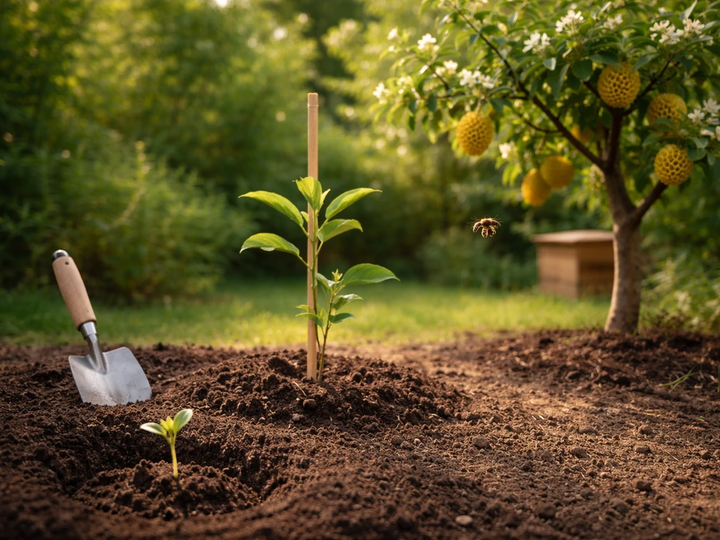 Three growth stages of a small tree in a garden, with honeybees hovering near the mature tree.