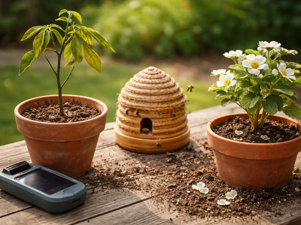 Minimal garden scene showing a stalled sapling, an underfilled beehive, and flowering without fruit.